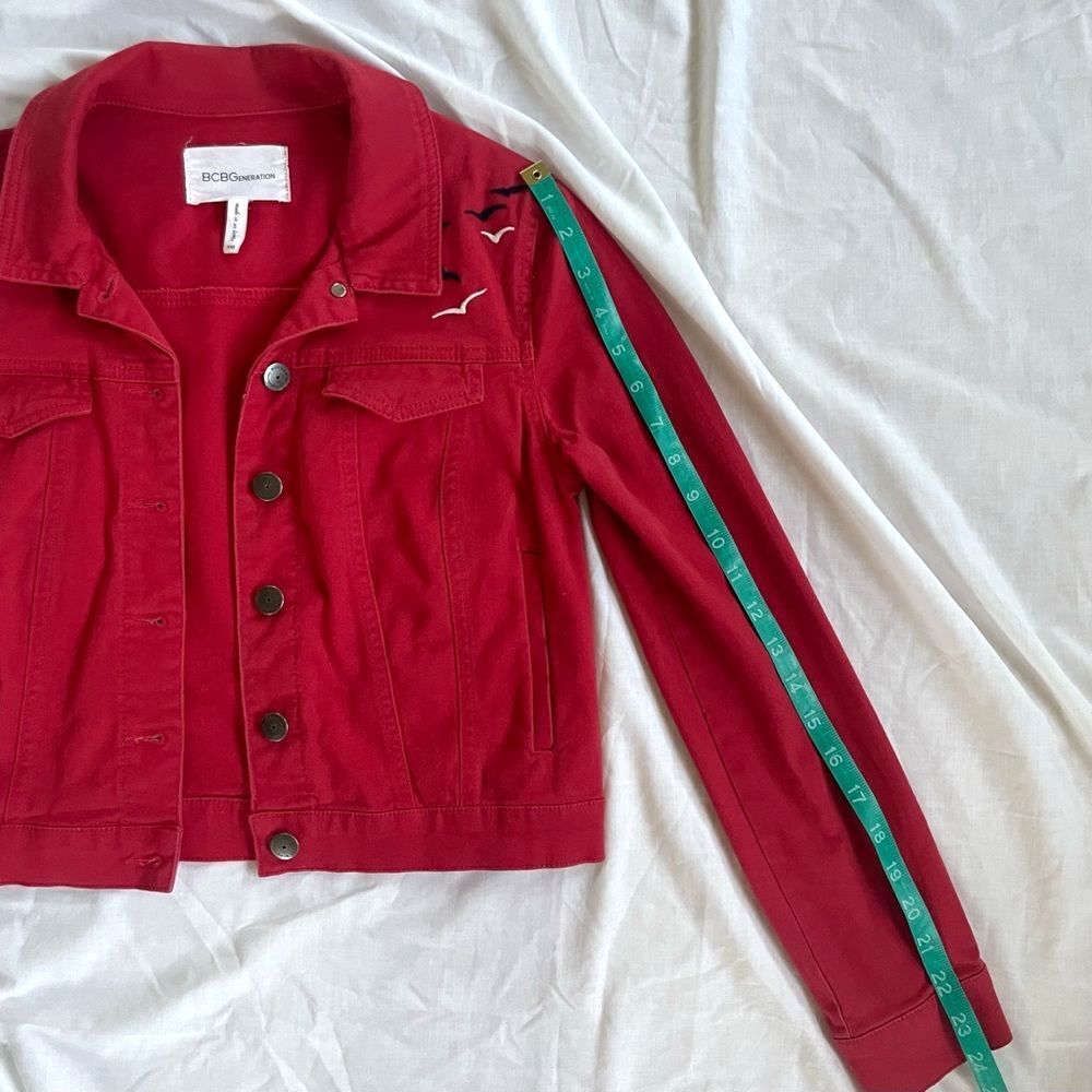 Cropped Denim Jacket Red Soft Cotton Lightweight Utility Embroidered Birds XXS - Picture 10 of 12